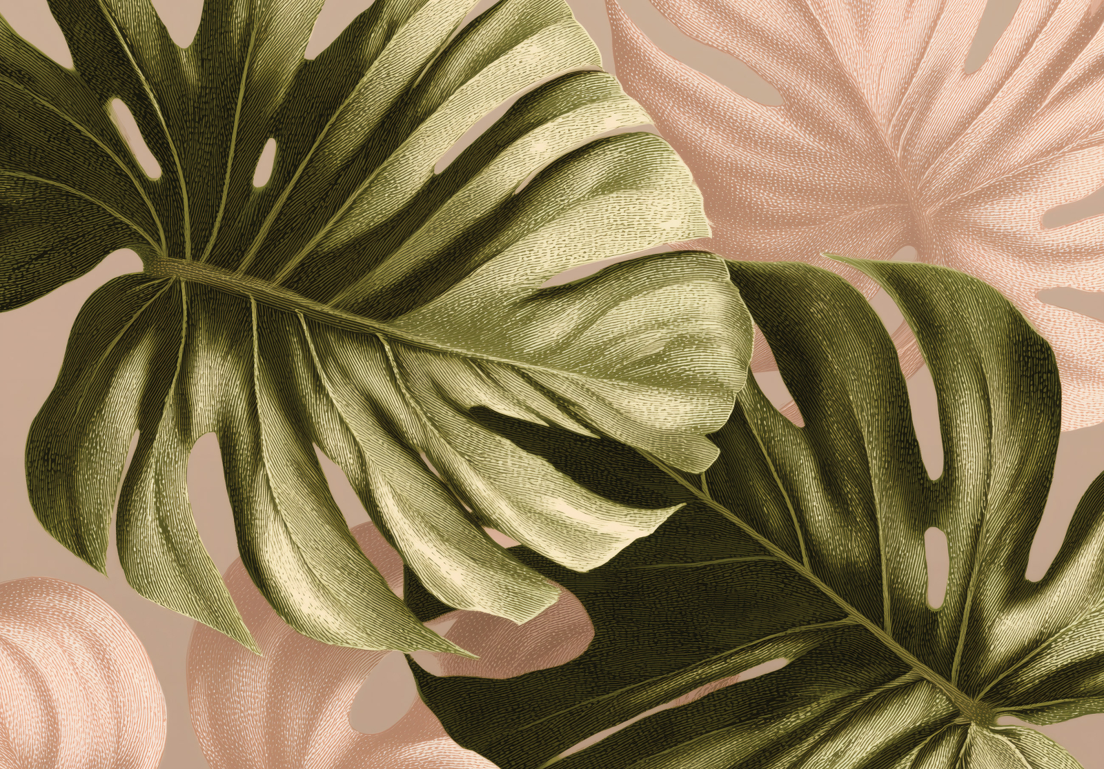 Фототапет Тропически листа в зелено и пудра